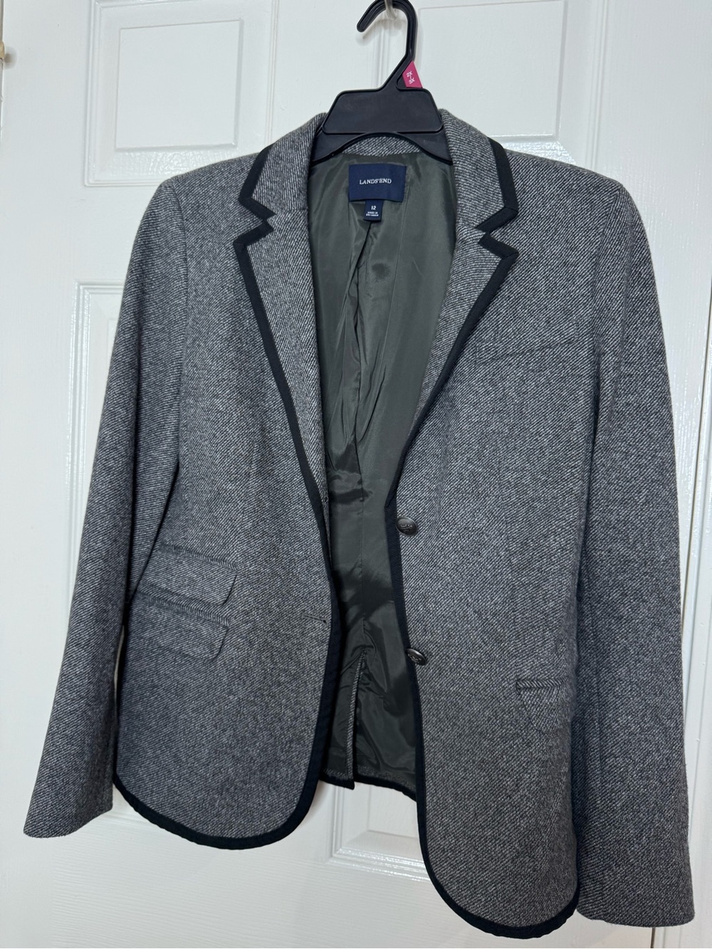 Lands' End Gray Herringbone Blazer with Black Trim